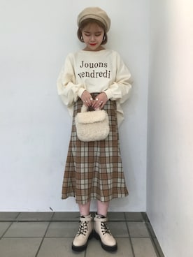 「原宿」｜「アイテム（ハンチング/ベレー帽）」を使った、ホナミさん（レディース・154cm）の秋コーディネート