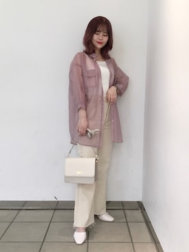 「Heather（ヘザー）のオーガンジーシアーシャツ　892133（シャツ/ブラウス、ピンク系）」を使った、ホナミさん（レディース・154cm）の夏コーディネート