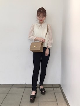 「Heather（ヘザー）のキラキラペプラムブラウス　892441（シャツ/ブラウス、ホワイト系）」を使った、ホナミさん（レディース・154cm）の夏コーディネート