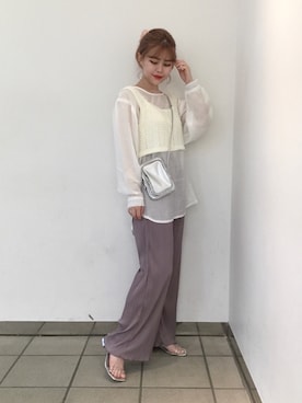 「Heather（ヘザー）のホソミエプリーツパンツ　894490（その他パンツ、パープル系）」を使った、ホナミさん（レディース・154cm）の夏コーディネート