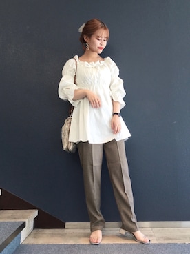 「Heather（ヘザー）のアイテム（スラックス）」を使った、ホナミさん（レディース・154cm）の夏コーディネート