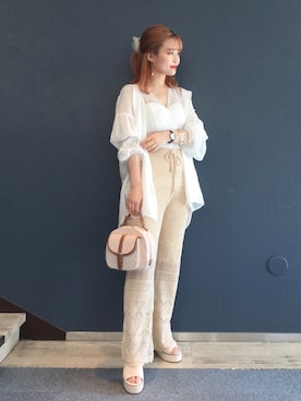 「Heather（ヘザー）のシアーBIGフードシャツ　893845（シャツ/ブラウス、ホワイト系）」を使った、ホナミさん（レディース・154cm）の夏コーディネート