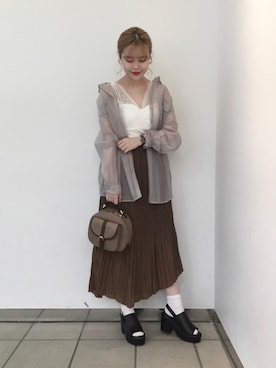 「Heather（ヘザー）のレイヤードチェックロングスカート　893924（スカート、ブラウン系）」を使った、ホナミさん（レディース・154cm）の夏コーディネート