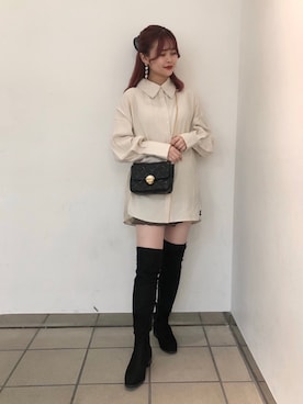 「Heather（ヘザー）のスモーキーＢＩＧシャツ 895327（シャツ/ブラウス、ホワイト系）」を使った、ホナミさん（レディース・154cm）の秋コーディネート
