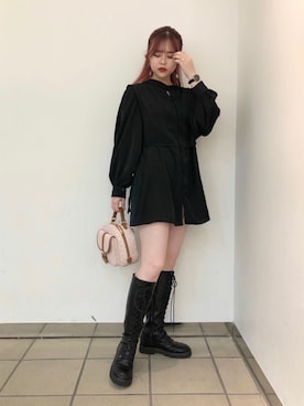 「Heather（ヘザー）のチャイナチュニックブラウス　920663（シャツ/ブラウス、ブラック系）」を使った、ホナミさん（レディース・154cm）の秋コーディネート