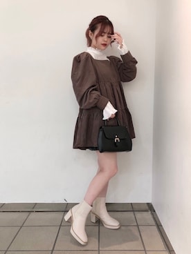 「Heather（ヘザー）のスクエアチュニックロングスリーブ 922767（シャツ/ブラウス、ブラウン系）」を使った、ホナミさん（レディース・154cm）の秋コーディネート