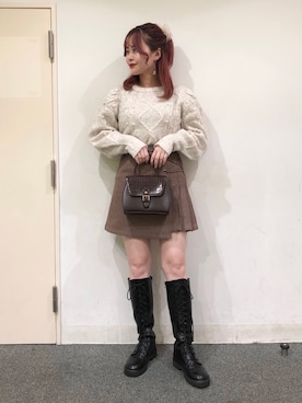 「Heather（ヘザー）のパワショルポンポンニット　918077（ニット/セーター、ホワイト系）」を使った、ホナミさん（レディース・154cm）の秋コーディネート