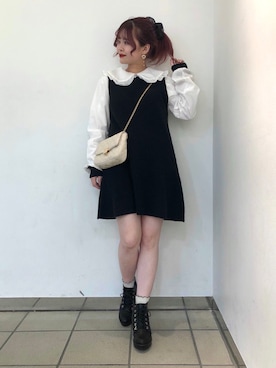 「Heather（ヘザー）のドッキングニットミニワンピース　925158（ワンピース、ブラック系）」を使った、ホナミさん（レディース・154cm）の秋コーディネート
