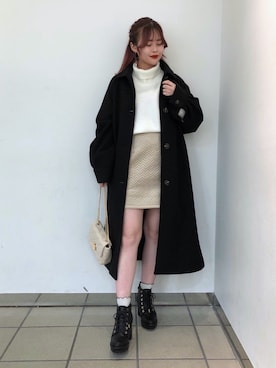 「Heather（ヘザー）のWOOLYTECHステンカラーコート　923061（ステンカラーコート、ブラック系）」を使った、ホナミさん（レディース・154cm）の秋コーディネート