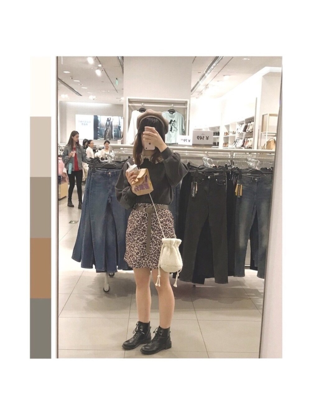 「ootd、豹纹、one after another NICE CLAUP、ehka sopo、秋」｜「ehka sopoのワッフルプルオーバー（Tシャツ/カットソー、グレー系）」を使った、MelonPan🍈さん（レディース・164cm）の秋コーディネートの1枚目の写真