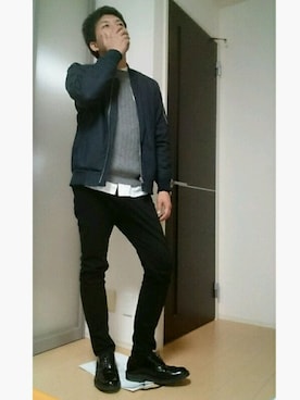 「ノーカラーシャツ」｜「アイテム（MA-1）」を使った、MASA.さん（メンズ・176cm）の冬コーディネート