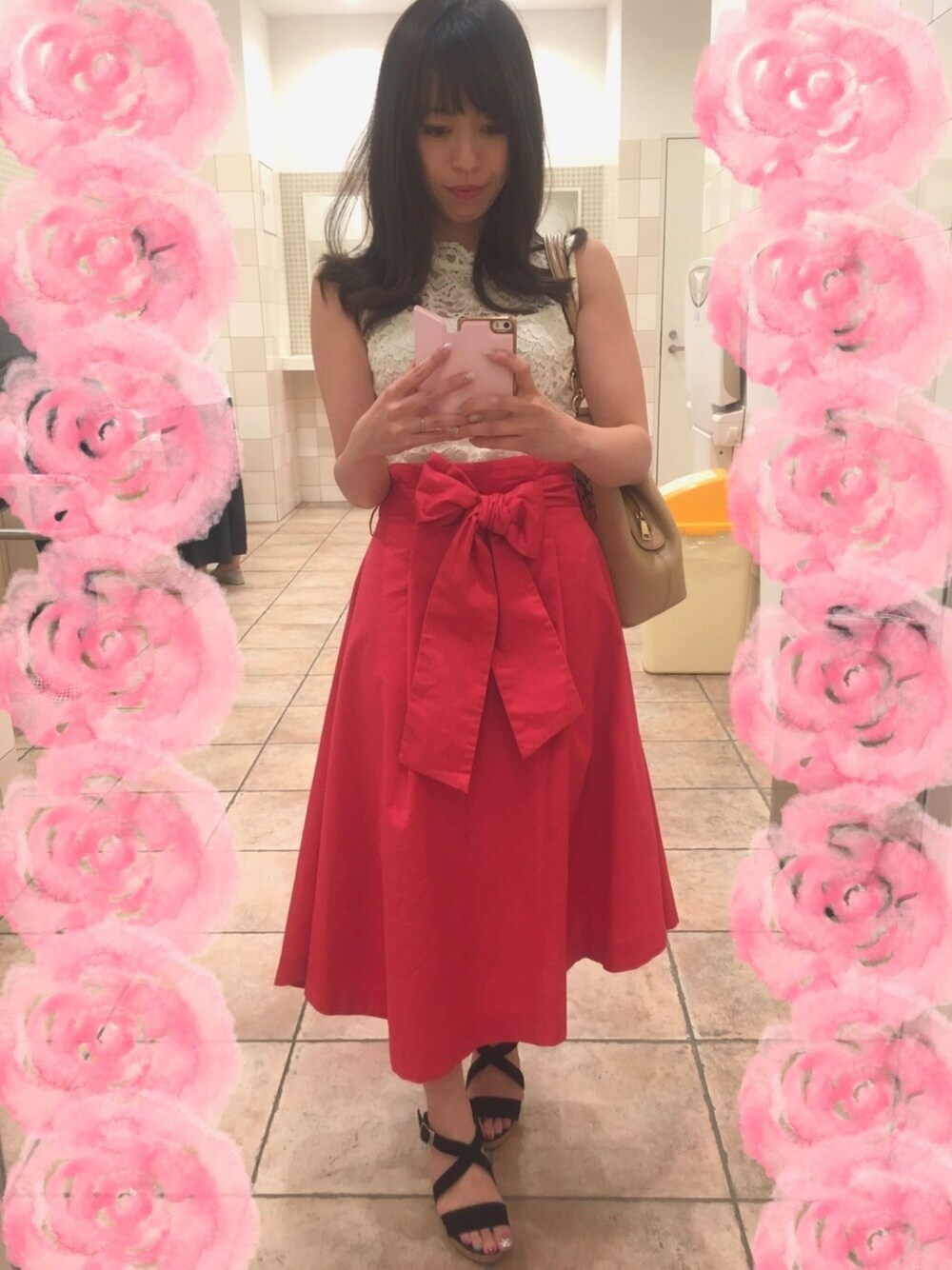 「休日スタイル、レディアゼル、スカート、チビーズ✳︎、夏、おでかけ、ted baker、COACH、REDYAZEL(REDYAZEL)、RedyAzel」｜「REDYAZELの【雑誌掲載】ウエストリボンアシンメトリースカート◆（スカート、レッド系）」を使った、nyankoo⑅¨̮さん（レディース・150cm）の夏コーディネートの1枚目の写真