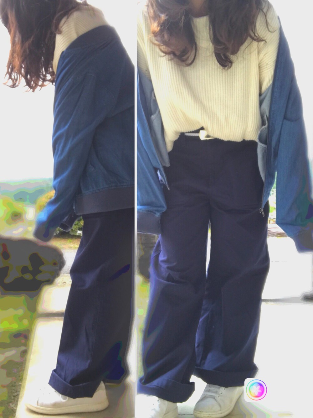 ブルー系のブルゾン、ブルー系のその他パンツ、ホワイト系のニット/セーターを着用したレディースの秋コーディネートの1枚目の写真