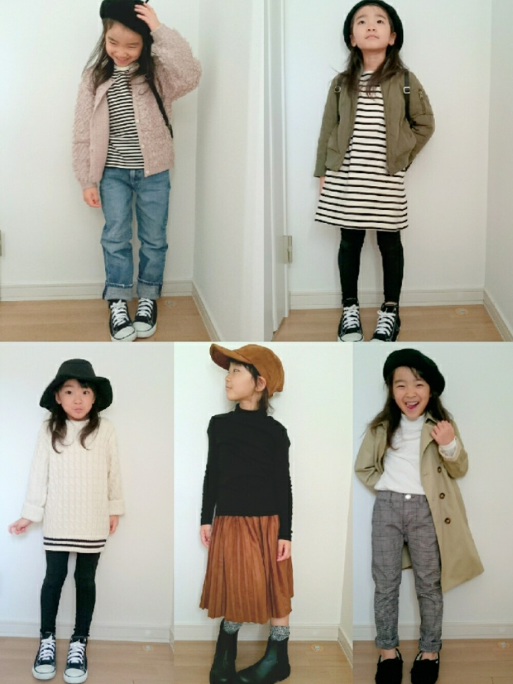 ピンク系のニット/セーター、グリーン系のミリタリージャケット、ブラック系のスニーカーを着用したキッズの冬コーディネートの1枚目の写真