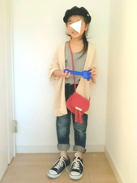 「AZUL by moussy（アズールバイマウジー）のアイテム（キャスケット）」を使った、erimomoさん（キッズ・120cm）の夏コーディネート