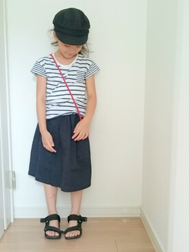 「AZUL by moussy（アズールバイマウジー）のアイテム（キャスケット）」を使った、erimomoさん（キッズ・120cm）の夏コーディネート