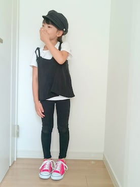 「AZUL by moussy（アズールバイマウジー）のアイテム（キャスケット）」を使った、erimomoさん（キッズ・120cm）の夏コーディネート
