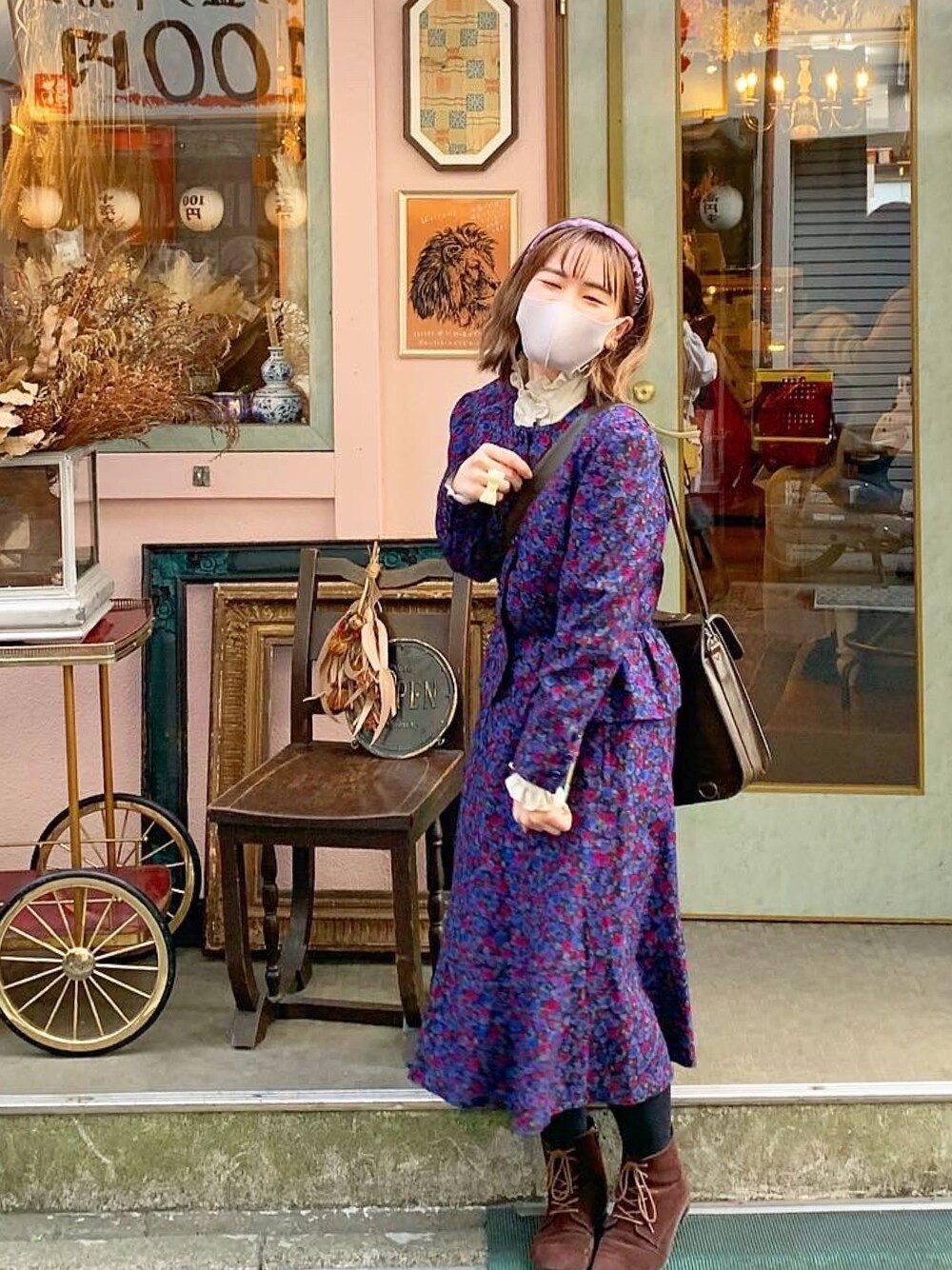「セットアップ、80年代、90年代、レトロ、おしゃれさんと繋がりたい、低身長コーデ、カチューシャ、パープル、紫コーデ、古着女子」｜「marcopoloのアイテム（ジャケット/アウター、パープル系）」を使った、kuraさん（レディース・152cm）の春コーディネートの1枚目の写真