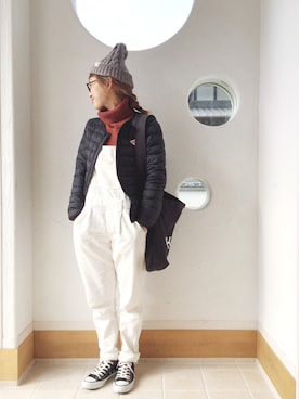 「インナーダウン」｜「アイテム（オールインワン・サロペット）」を使った、きゃのさん（レディース・155cm）の冬コーディネート