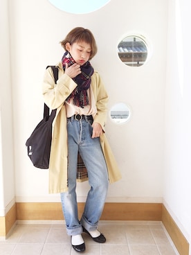 「Vネック」｜「アイテム（ステンカラーコート）」を使った、きゃのさん（レディース・155cm）の冬コーディネート