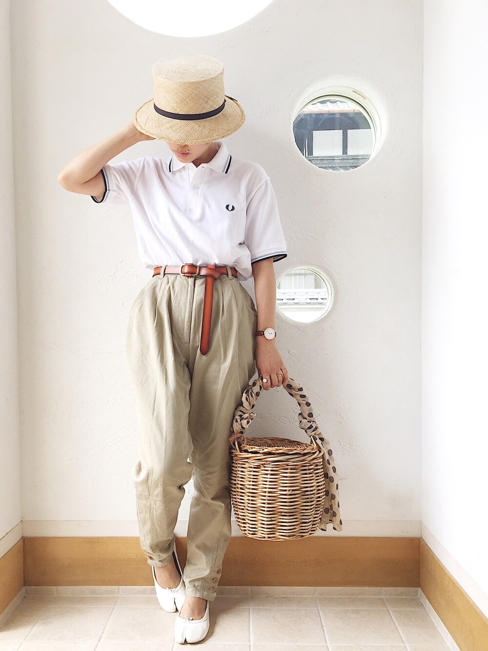 「fredperry、フレッドペリー、シンプル、大人カジュアル、ナチュラル、夏コーデ、パンツスタイル、ポロシャツ、ジョッパーズパンツ、BERRETTA」｜「BERRETTAのアイテム（帽子、ブラック系）」を使った、きゃのさん（レディース・155cm）の夏コーディネートの1枚目の写真