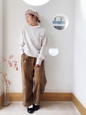 「フレッドペリー」｜「アイテム（スウェット）」を使った、きゃのさん（レディース・155cm）の冬コーディネート