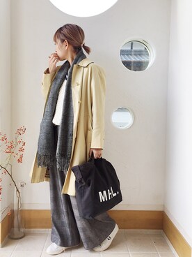「フレッドペリー」｜「アイテム（ステンカラーコート）」を使った、きゃのさん（レディース・155cm）の冬コーディネート