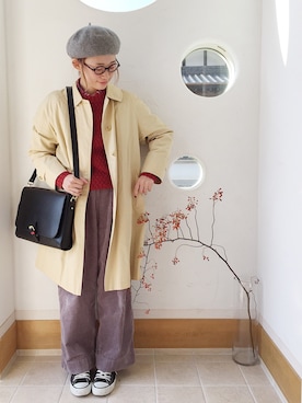 「フレッドペリー」｜「アイテム（ステンカラーコート）」を使った、きゃのさん（レディース・155cm）の冬コーディネート
