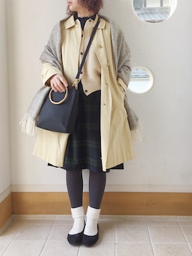 「ラップスカート」｜「アイテム（ステンカラーコート）」を使った、きゃのさん（レディース・155cm）の冬コーディネート