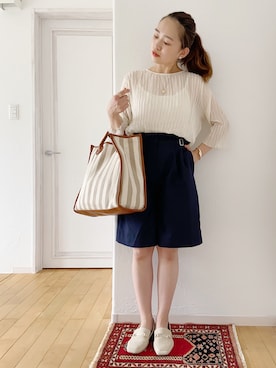 「ビッグトート」｜「アイテム（ローファー）」を使った、きゃのさん（レディース・155cm）の夏コーディネート