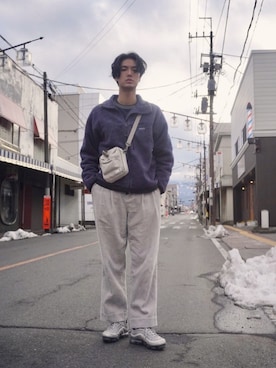 「plain-me（プレインミー）のアイテム（ショルダーバッグ）」を使った、Nicekaysさん（メンズ・178cm）の冬コーディネート