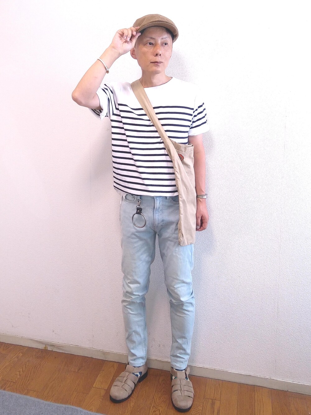 「夏、GU、プチプラ、マリン、ootd、バスクシャツ、低身長、アラフィフ、おしゃれさんと繋がりたい、夏のボーダーフェス」｜「NANO universeの半袖Tシャツ（Tシャツ/カットソー、ホワイト系）」を使った、nunuhomme【アラフィフ】さん（メンズ・166cm）の夏コーディネートの1枚目の写真