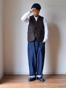 「ハンチング」｜「アイテム（キャップ）」を使った、comoda上西猛夫さん（メンズ・168cm）の夏コーディネート