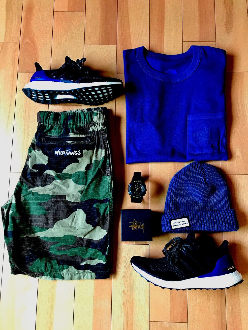 「adidas、ultra boost、THE NORTH FACE PURPLE LABEL、stussy、STUSSY Livin GENERAL STORE、WILDTHINGS、G-SHOCK、シンプル、休日スタイル」｜「THE NORTH FACE PURPLE LABELのNORTH FACE (ノースフェイス）　クールマックス　メッシュＴシャツ　COOLMAX Mesh Jersey（Tシャツ/カットソー、ブルー系）」を使った、#rawsneaker.さん（メンズ・160cm）の春コーディネートの1枚目の写真