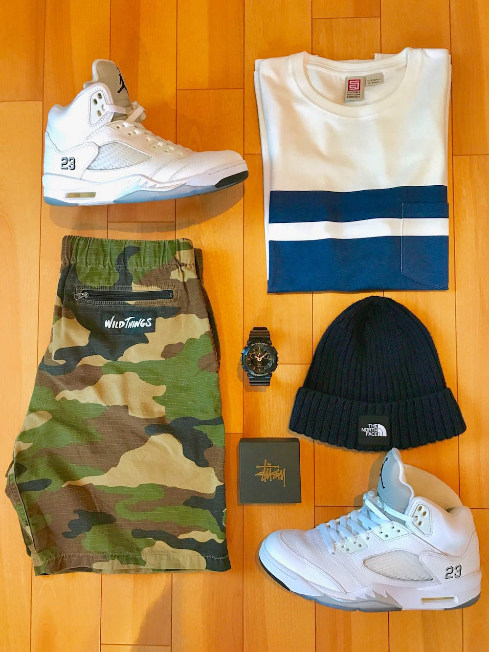 「NIKE、AIR JORDAN、S/DOUBLE、THE NORTH FACE、stussy、WILDTHINGS、G-SHOCK、夏、カモフラ、ボーダー」｜「S/DOUBLE のs/double×ESTNATION BORDER T-shirts（Tシャツ/カットソー、ホワイト系）」を使った、#rawsneaker.さん（メンズ・160cm）の夏コーディネートの1枚目の写真