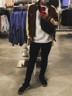 「PUMA（プーマ）のアイテム（ジャケット/アウター、ブラウン系）」を使った、のぶてつさん（メンズ・173cm）の春コーディネート