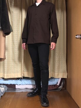 「GU（ジーユー）のアイテム（シャツ/ブラウス、ブラウン系）」を使った、のぶてつさん（メンズ・173cm）の春コーディネート