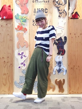 「coen（コーエン）のUSAコットンワイドボーダーTシャツ（Tシャツ/カットソー、ブルー系）」を使った、coen  徳田丸さん（レディース・162cm）の春コーディネート