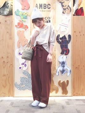 「coen（コーエン）の【新色追加】コットンピケパフスリーブブラウス（シャツ/ブラウス、ベージュ系）」を使った、coen  徳田丸さん（レディース・162cm）の夏コーディネート