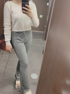 「EVRIS（エヴリス）のリブフレアレギンス（その他パンツ、グレー系）」を使った、saaya.さん（レディース・158cm）の夏コーディネート