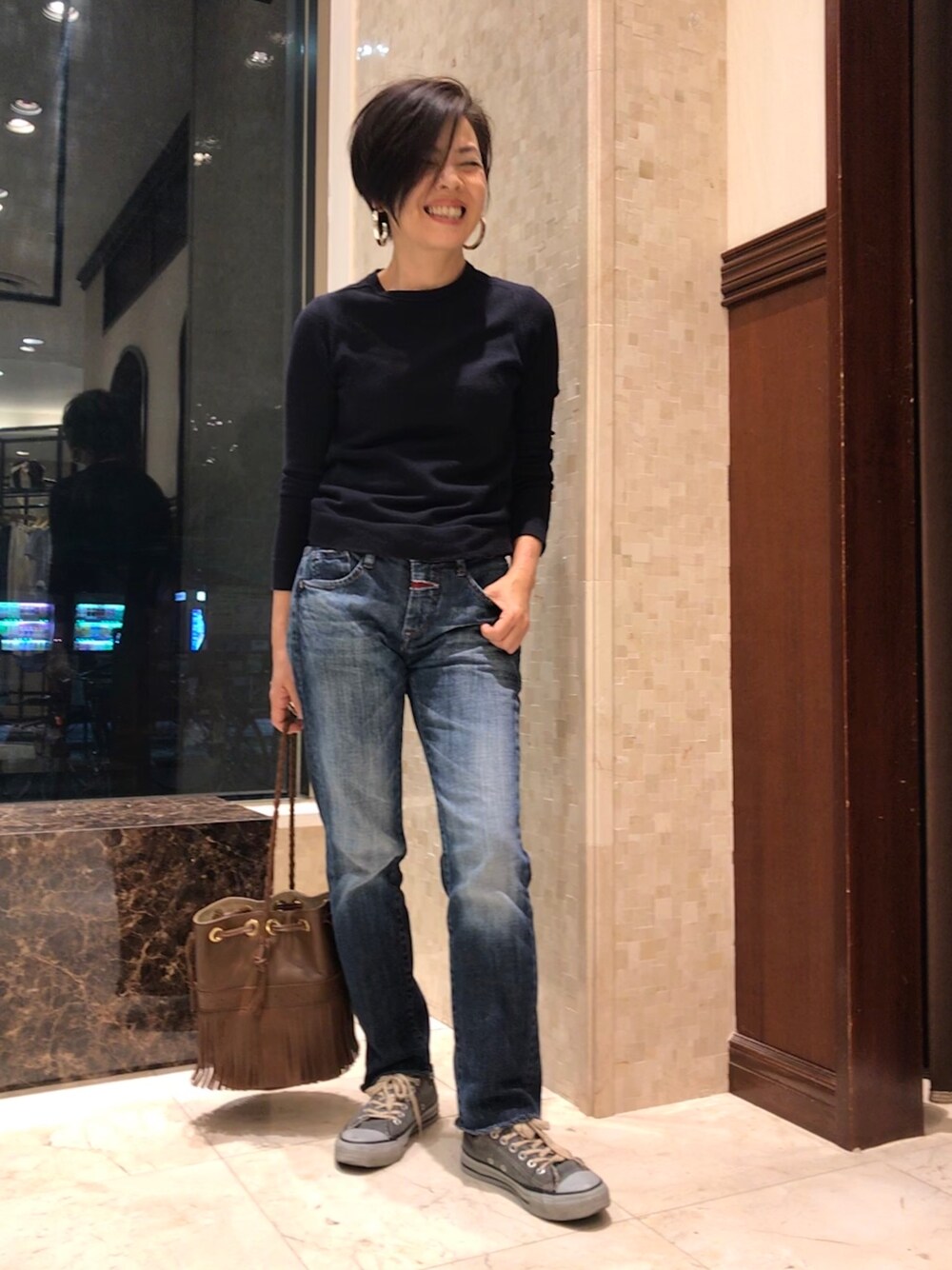 「大人カジュアル、デニム、シンプル、おちびさん、おしゃれさんと繋がりたい」｜「Drawerのアイテム（トップス、ブルー系）」を使った、Yoko  Ishibashiさん（レディース・153cm）の春コーディネートの1枚目の写真