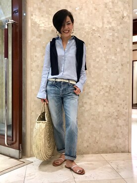 「UNIQLO（ユニクロ）のWOMEN プレミアムリネンシャツ（長袖）A（シャツ/ブラウス）」を使った、Yoko  Ishibashiさん（レディース・153cm）の春コーディネート