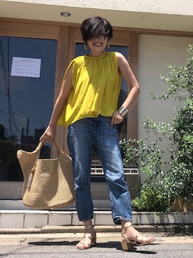 「Deuxieme Classe（ドゥーズィエムクラス）のアイテム（かごバッグ）」を使った、Yoko  Ishibashiさん（レディース・153cm）の夏コーディネート
