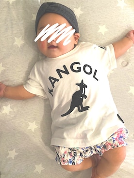 「KANGOL（カンゴール）のアイテム（Tシャツ/カットソー、ホワイト系）」を使った、むちこさん（キッズ・70cm）の夏コーディネート