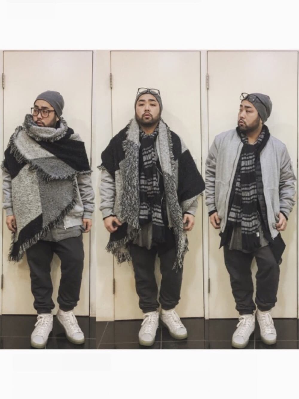 「Mr.Babe、デブでもオシャレ、ポチャイリッシュ、ポチャメン、大人カジュアル、大判ストール、レイヤードスタイル、3つ子コーデ、髭野郎コーデ、黒」｜「H&Mのアイテム（ニットキャップ/ビーニー、グレー系）」を使った、Tomohiro.Yoshi1さん（メンズ・173cm）の冬コーディネートの1枚目の写真