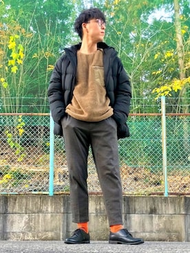 「Ray-Ban（レイバン）のRay-Ban ROUND FLECK メガネフレーム RX2447VF492000（メガネ）」を使った、けろちゃんさん（メンズ・179cm）の冬コーディネート