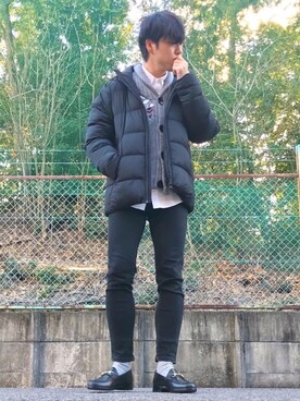 「ビットローファー」｜「アイテム（ダウンジャケット/コート）」を使った、けろちゃんさん（メンズ・179cm）の冬コーディネート