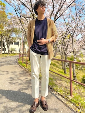 「Ray-Ban（レイバン）のRay-Ban ROUND FLECK メガネフレーム RX2447VF492000（メガネ）」を使った、けろちゃんさん（メンズ・179cm）の春コーディネート