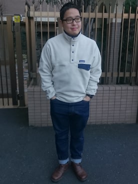 「patagonia（パタゴニア）のアイテム（その他トップス、ベージュ系）」を使った、けんじなおパパさん（メンズ・167cm）の冬コーディネート