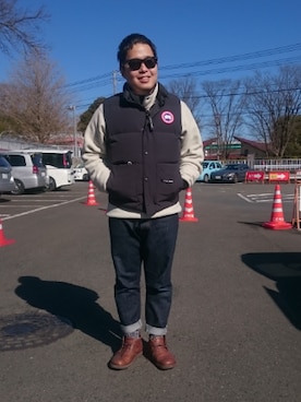「CANADA GOOSE（カナダグース）のアイテム（ダウンベスト、ブラック系）」を使った、けんじなおパパさん（メンズ・167cm）の冬コーディネート